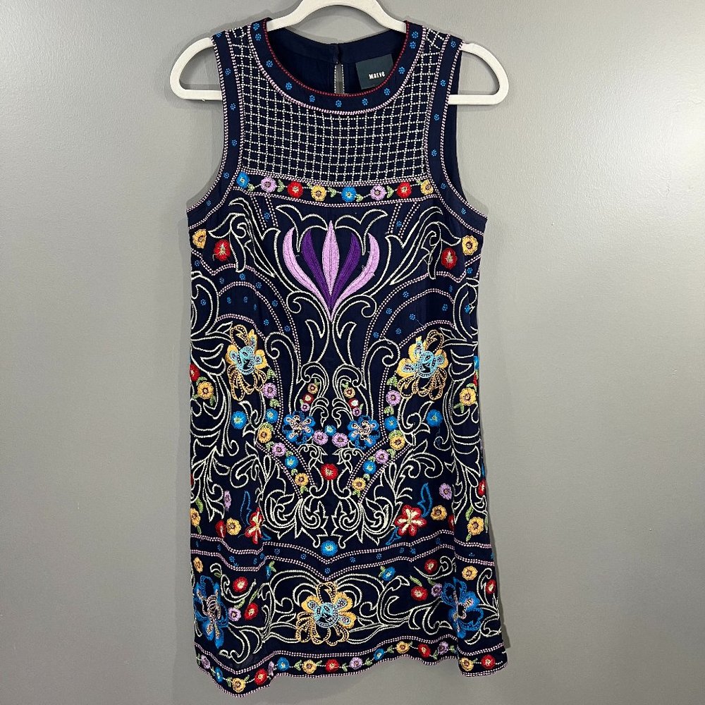 Maeve Anthropologie Sleeveless Embroidered Cotton Blue Sheath Dress Size US 6